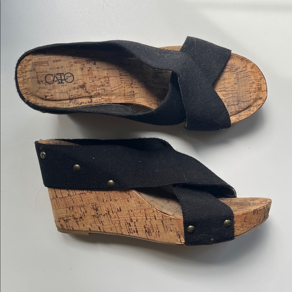 Cato Black and Tan Wedge Sandals